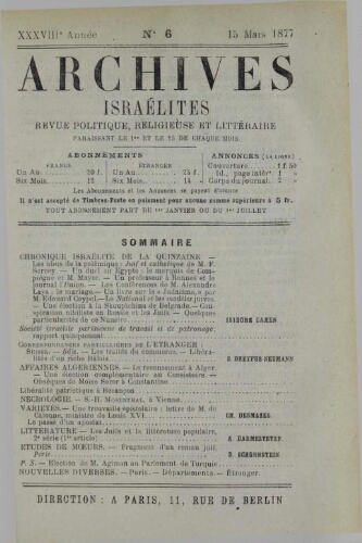 Archives israélites de France. Vol.38 N°06 (15 mars 1877)